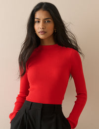 Red Ribbed Button Detail Top