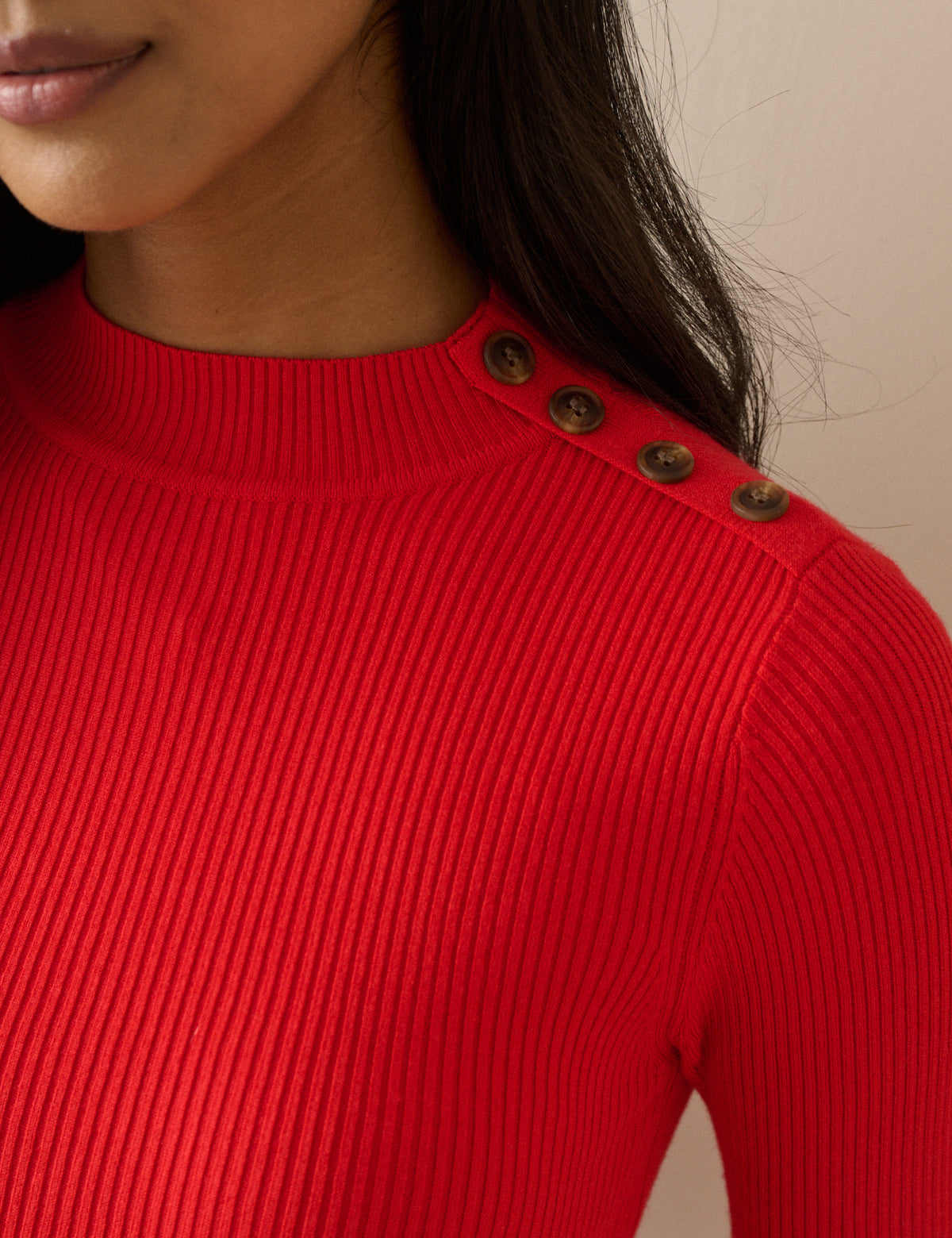 Red Ribbed Button Detail Top