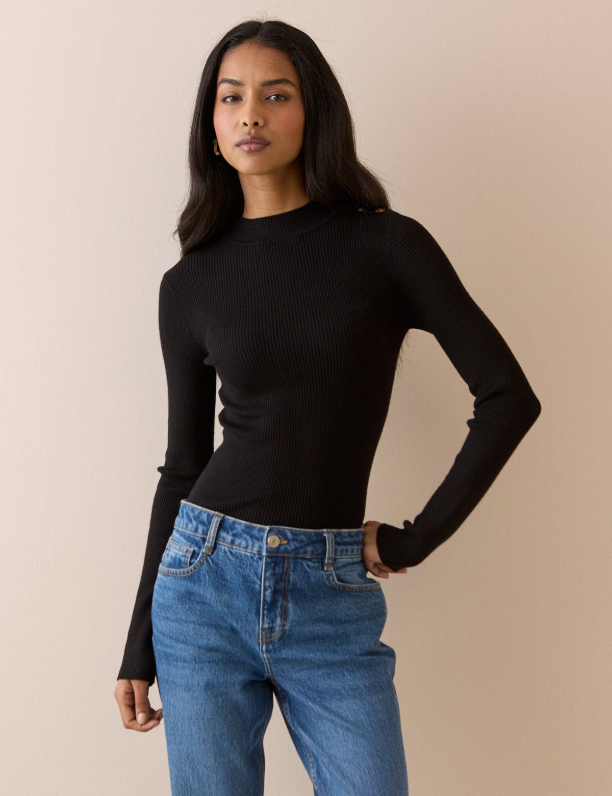 Black Ribbed Button Detail Top
