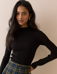 Black Ribbed Button Detail Top