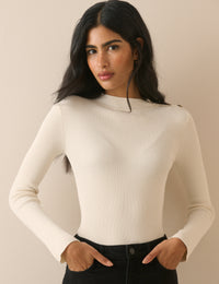Ivory Ribbed Button Detail Top