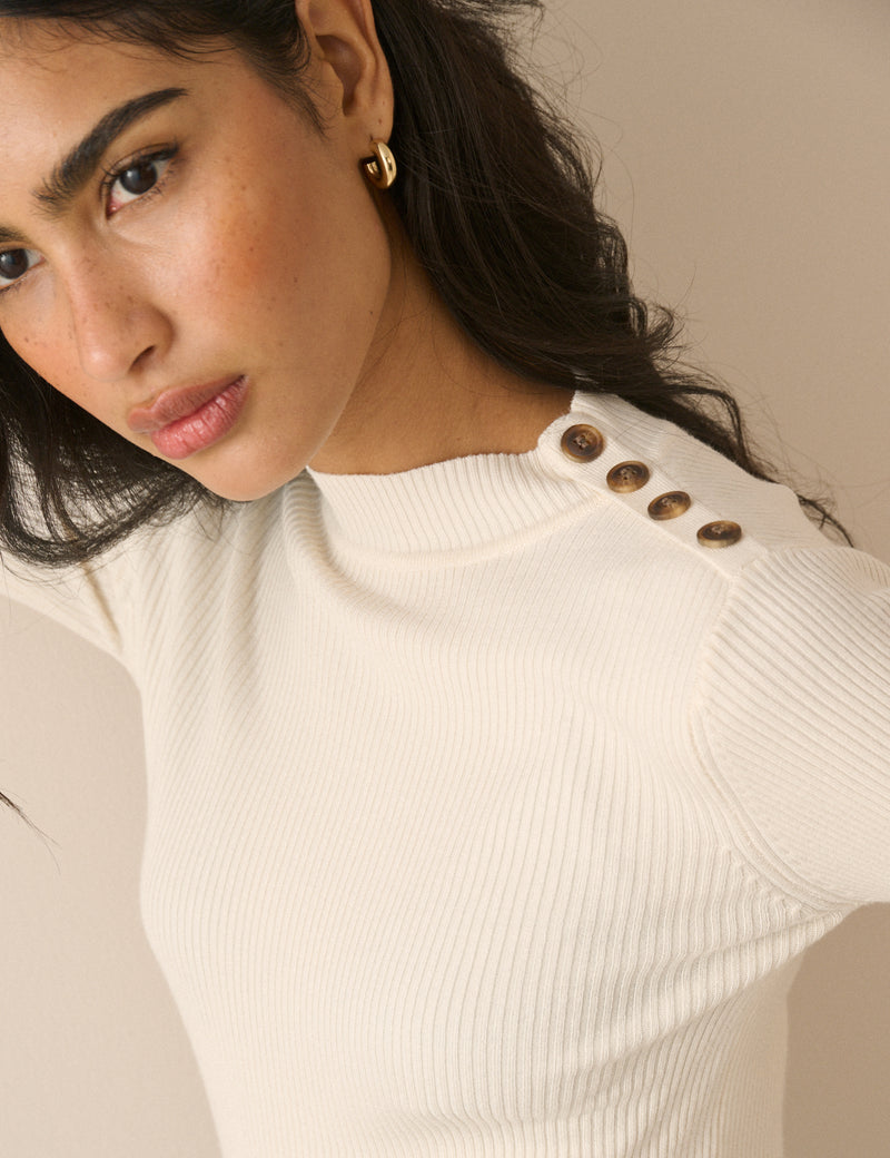 Ivory Ribbed Button Detail Top