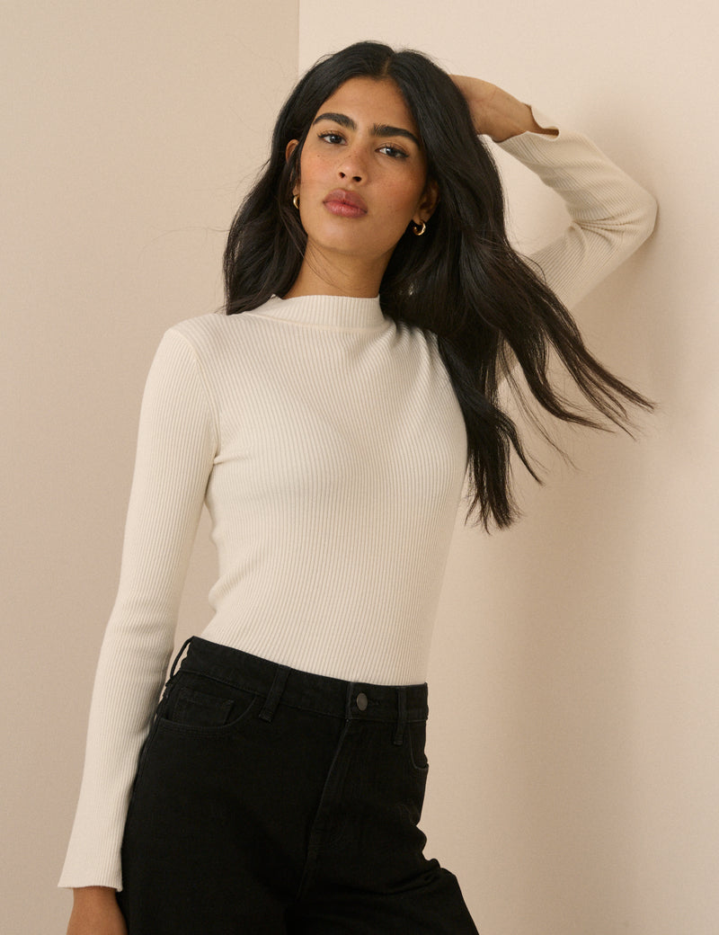 Ivory Ribbed Button Detail Top