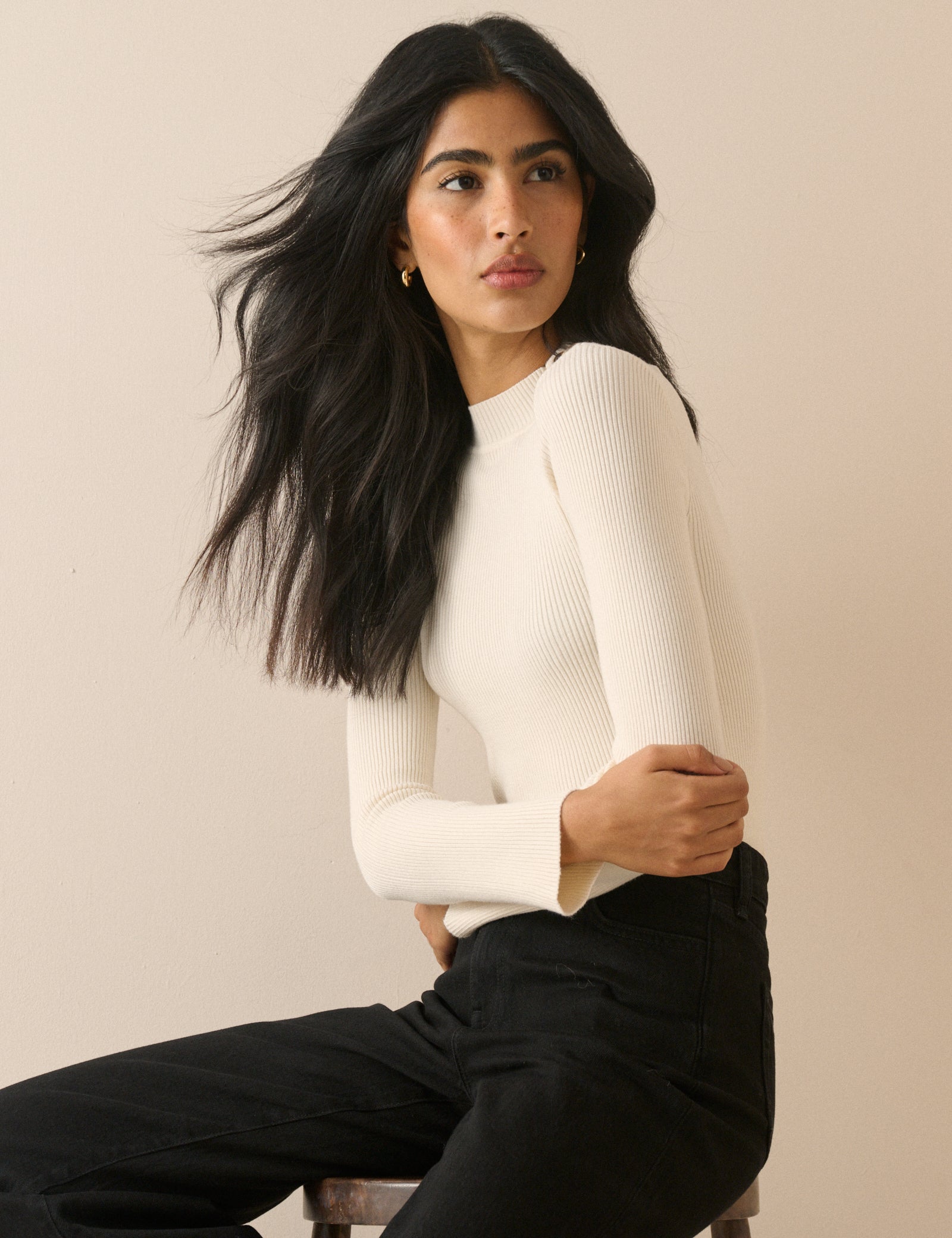 Ivory Ribbed Button Detail Top