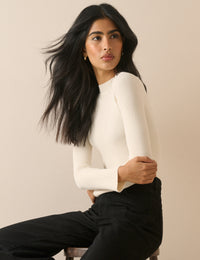 Ivory Ribbed Button Detail Top