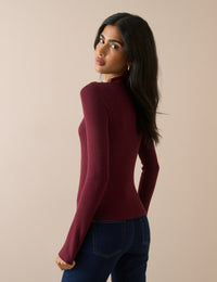 Burgundy Ribbed Button Detail Top
