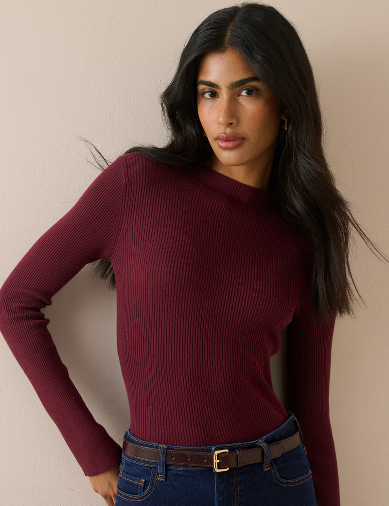Burgundy Ribbed Button Detail Top