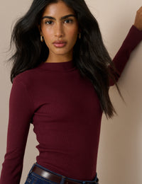 Burgundy Ribbed Button Detail Top