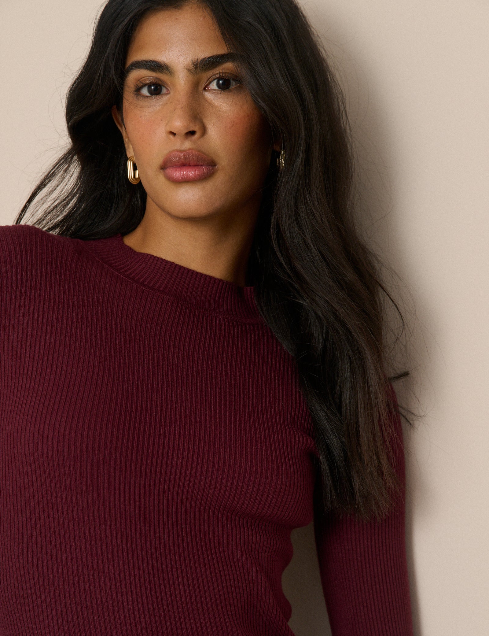 Burgundy Ribbed Button Detail Top