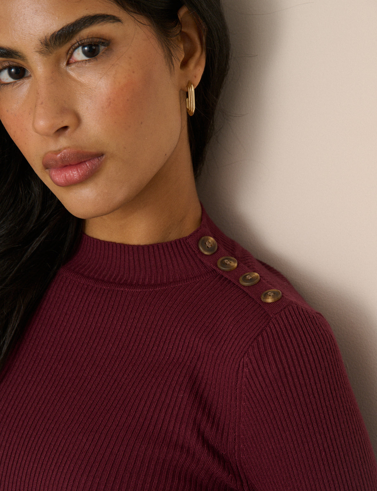 Burgundy Ribbed Button Detail Top