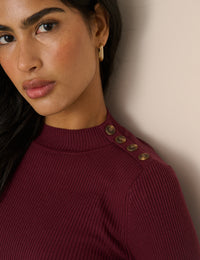 Burgundy Ribbed Button Detail Top