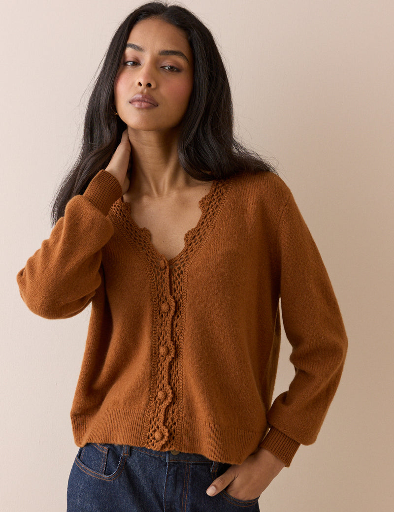 Burnt Orange Wool Blend Crochet Trim Elodie Cardigan