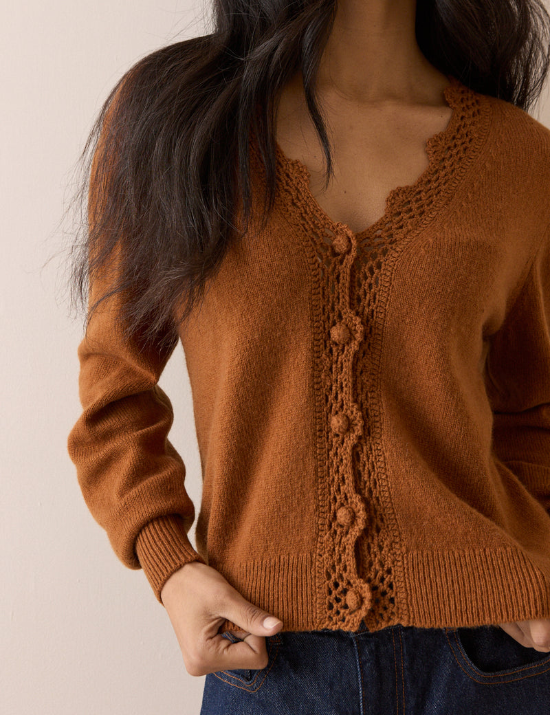 Burnt Orange Wool Blend Crochet Trim Elodie Cardigan