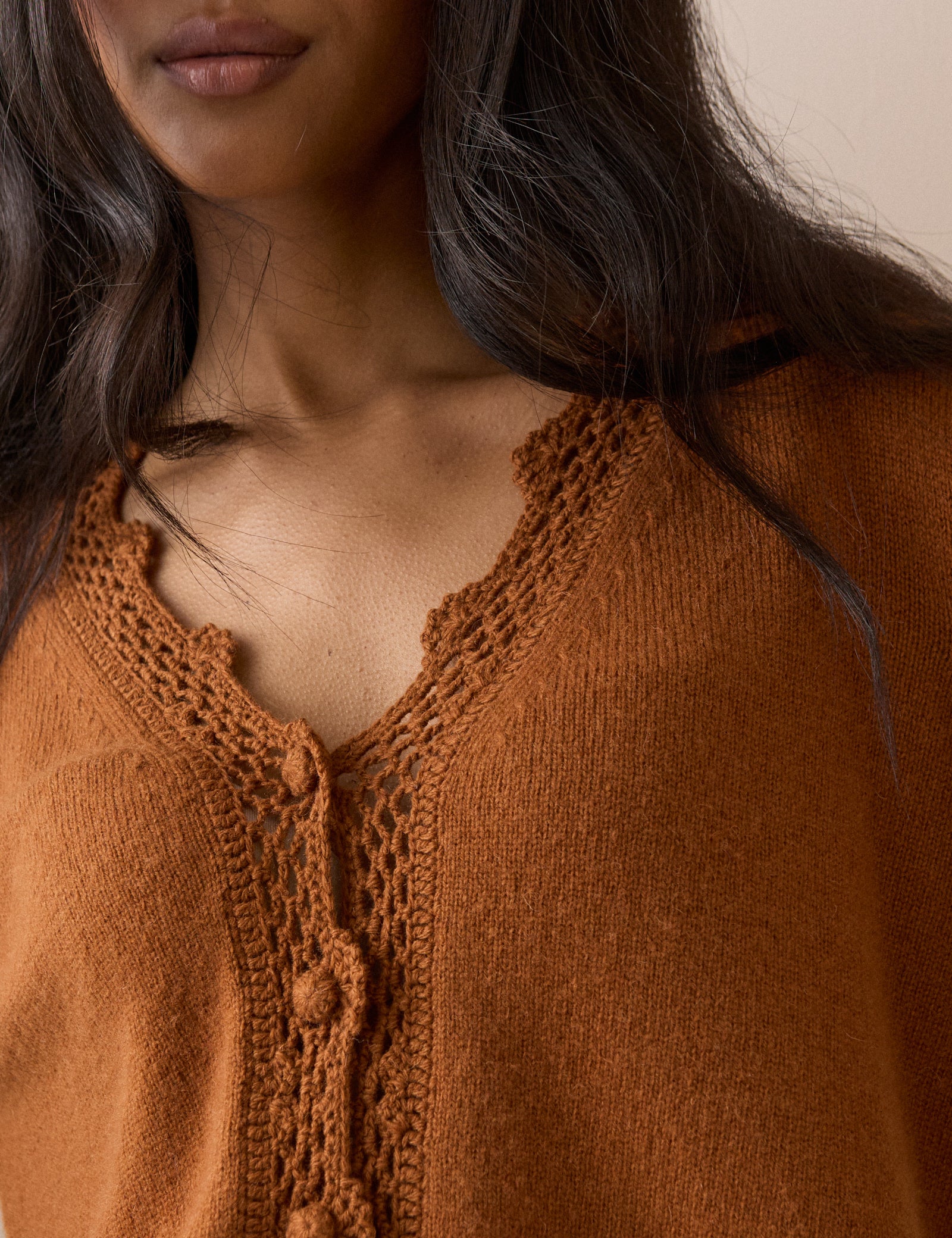 Burnt Orange Wool Blend Crochet Trim Elodie Cardigan