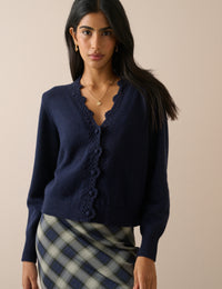 Navy Wool Blend Crochet Trim Elodie Cardigan