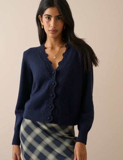 Navy Crochet Trim V-Neck Elodie Cardigan