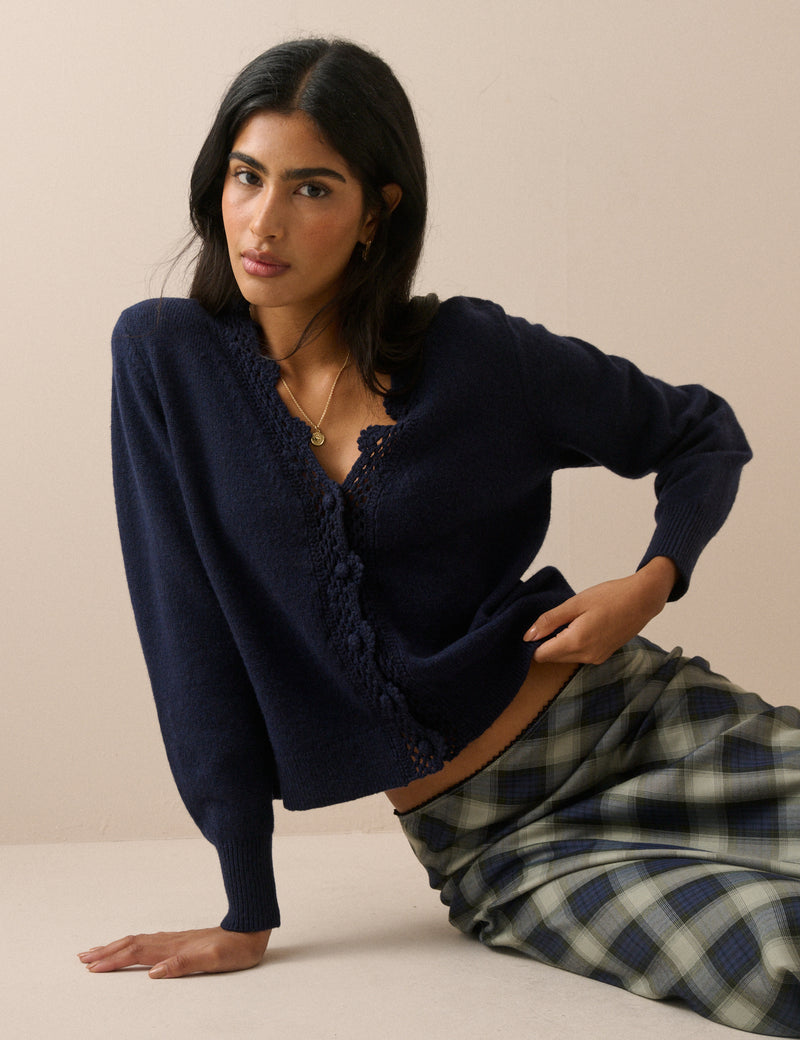 Navy Wool Blend Crochet Trim Elodie Cardigan