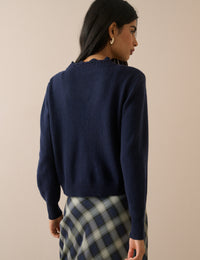Navy Wool Blend Crochet Trim Elodie Cardigan