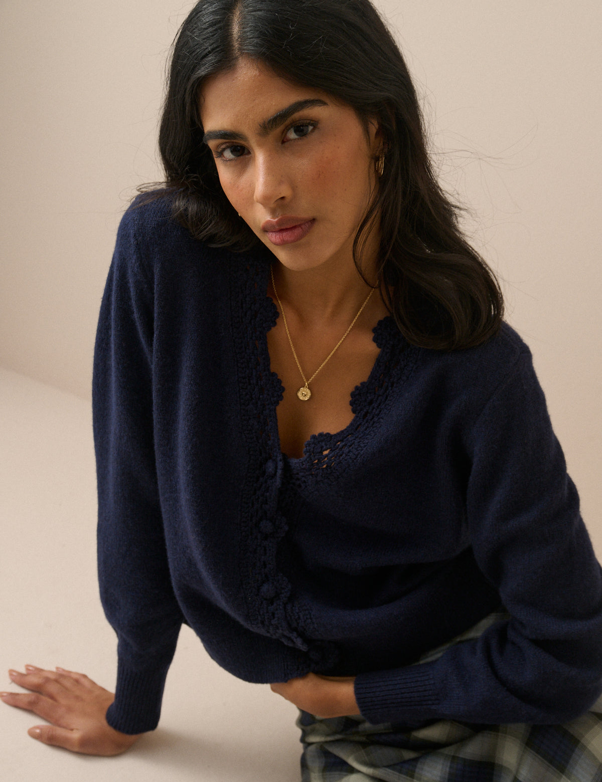 Navy Crochet Trim Wool Blend Elodie Elodie Cardigan