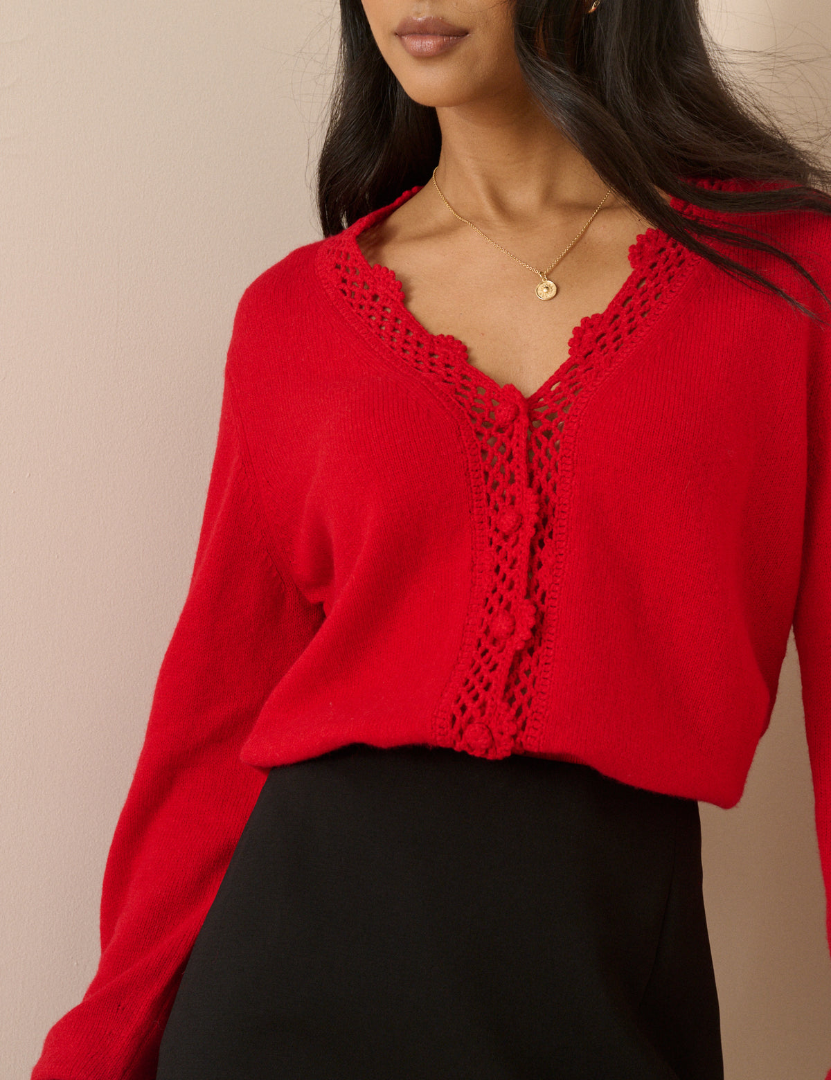 Red Wool Blend Crochet Trim Elodie Cardigan