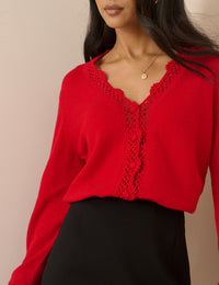 Red Wool Blend Crochet Trim Elodie Cardigan