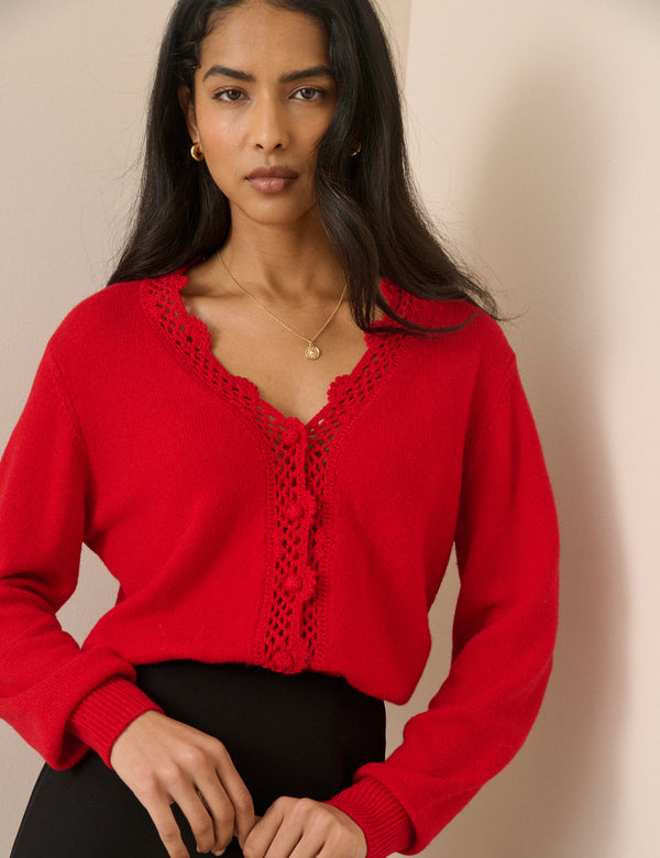 Red Wool Blend Crochet Trim Elodie Cardigan