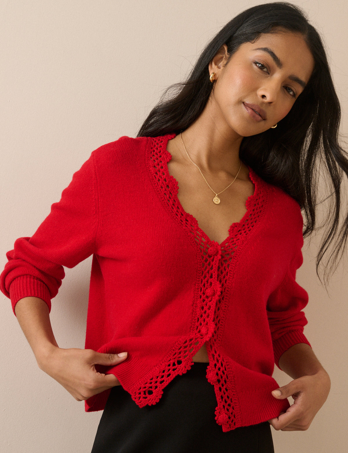 Red Wool Blend Crochet Trim Elodie Cardigan