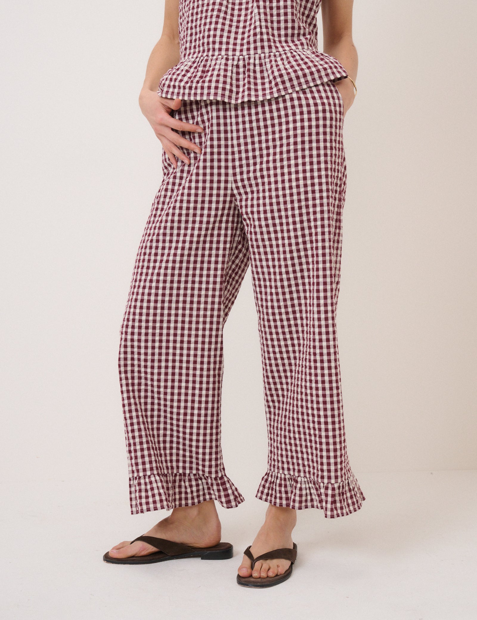 Burgundy Gingham Top & Trousers Set