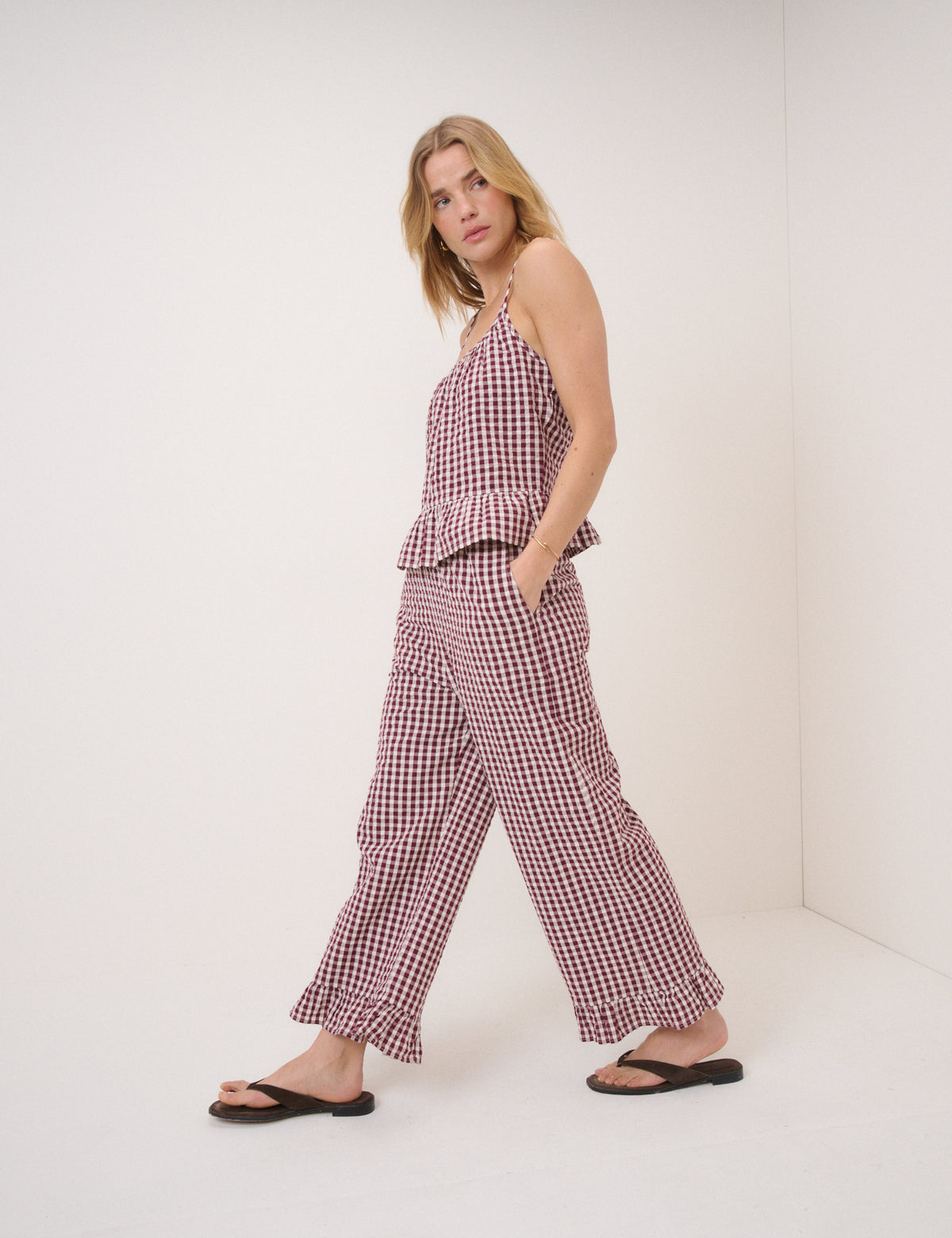 Burgundy Gingham Frill Hem Trousers