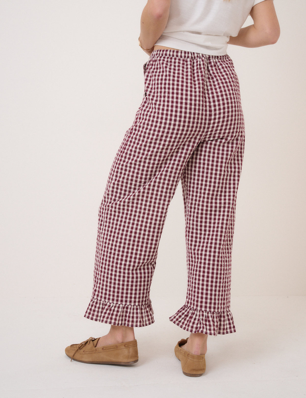 Burgundy Gingham Frill Hem Trousers