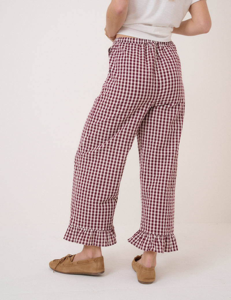 Burgundy Gingham Frill Hem Trousers