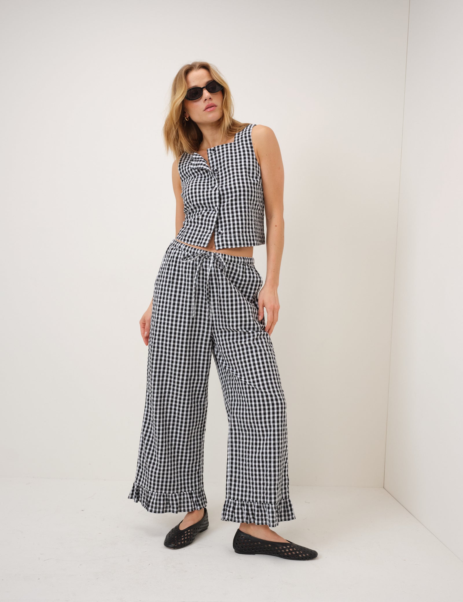 Black Gingham Wide Leg Trousers