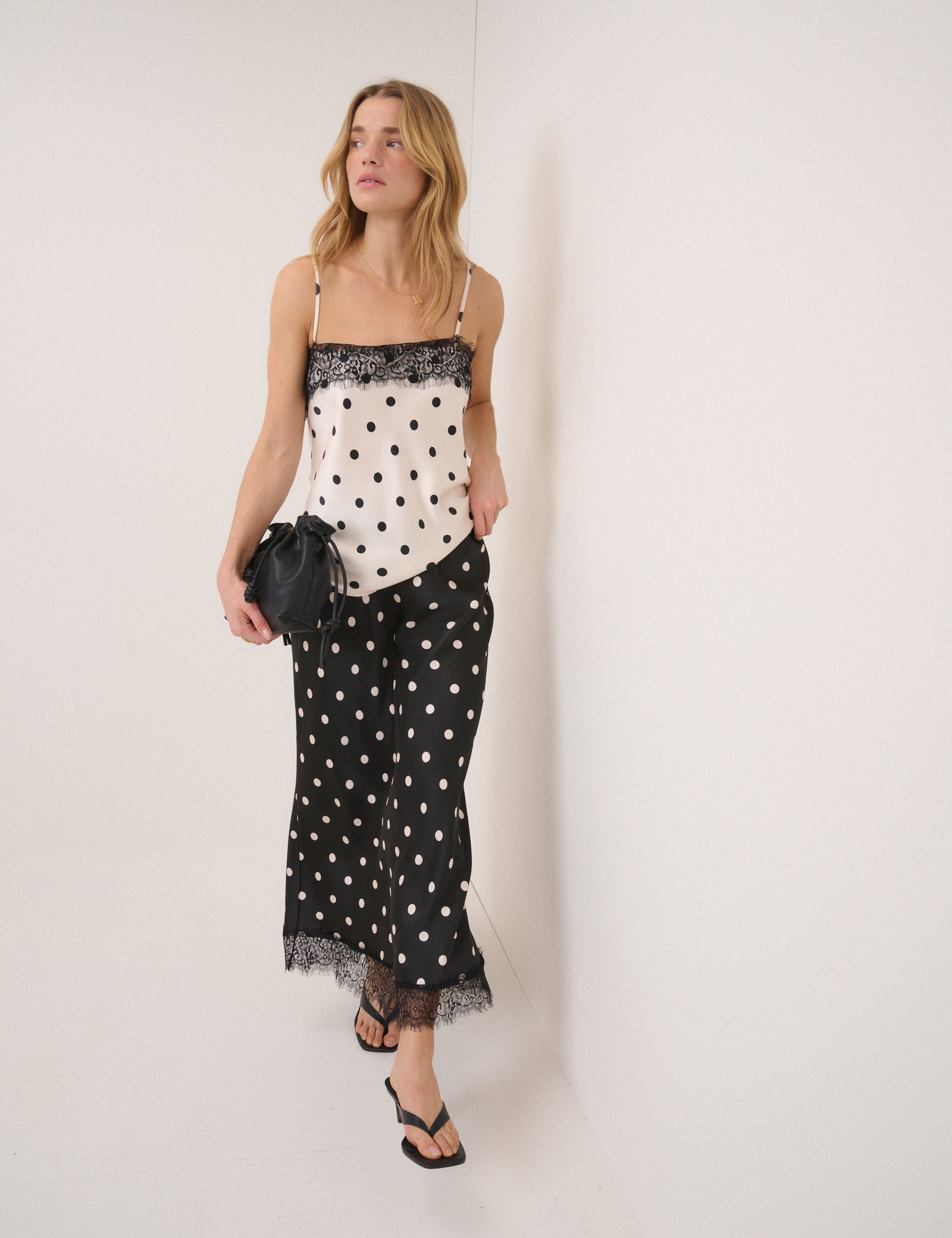 Black Polka Dot Lace Trim Mila Midi Skirt
