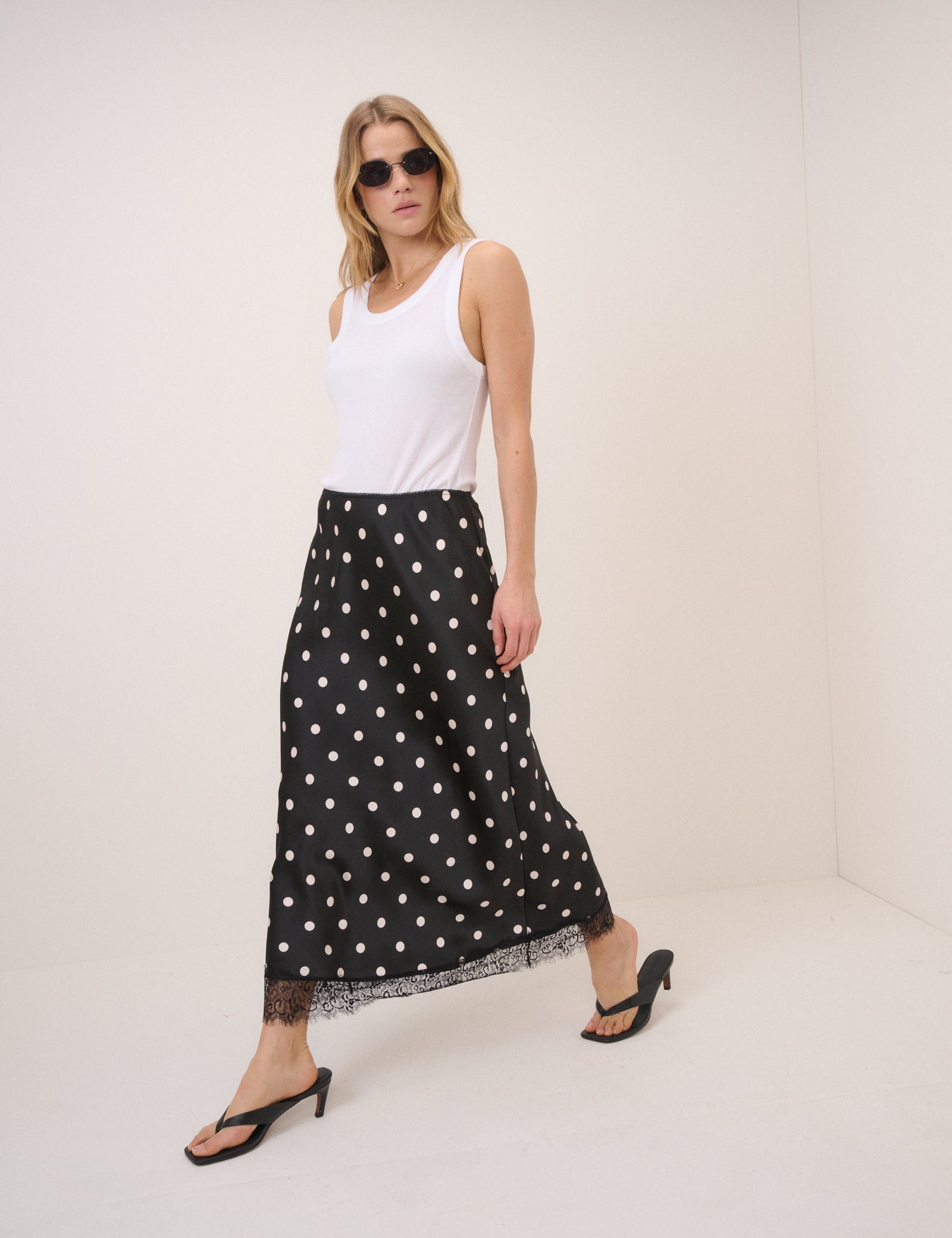 Black Polka Dot Lace Trim Mila Midi Skirt