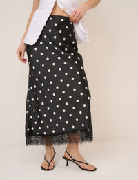 Black Polka Dot Lace Trim Mila Midi Skirt