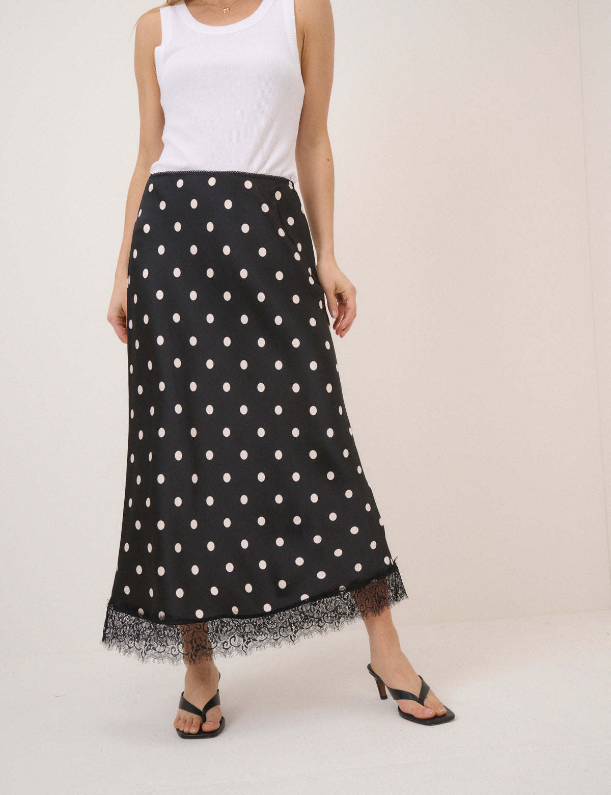 Black Polka Dot Lace Trim Mila Midi Skirt