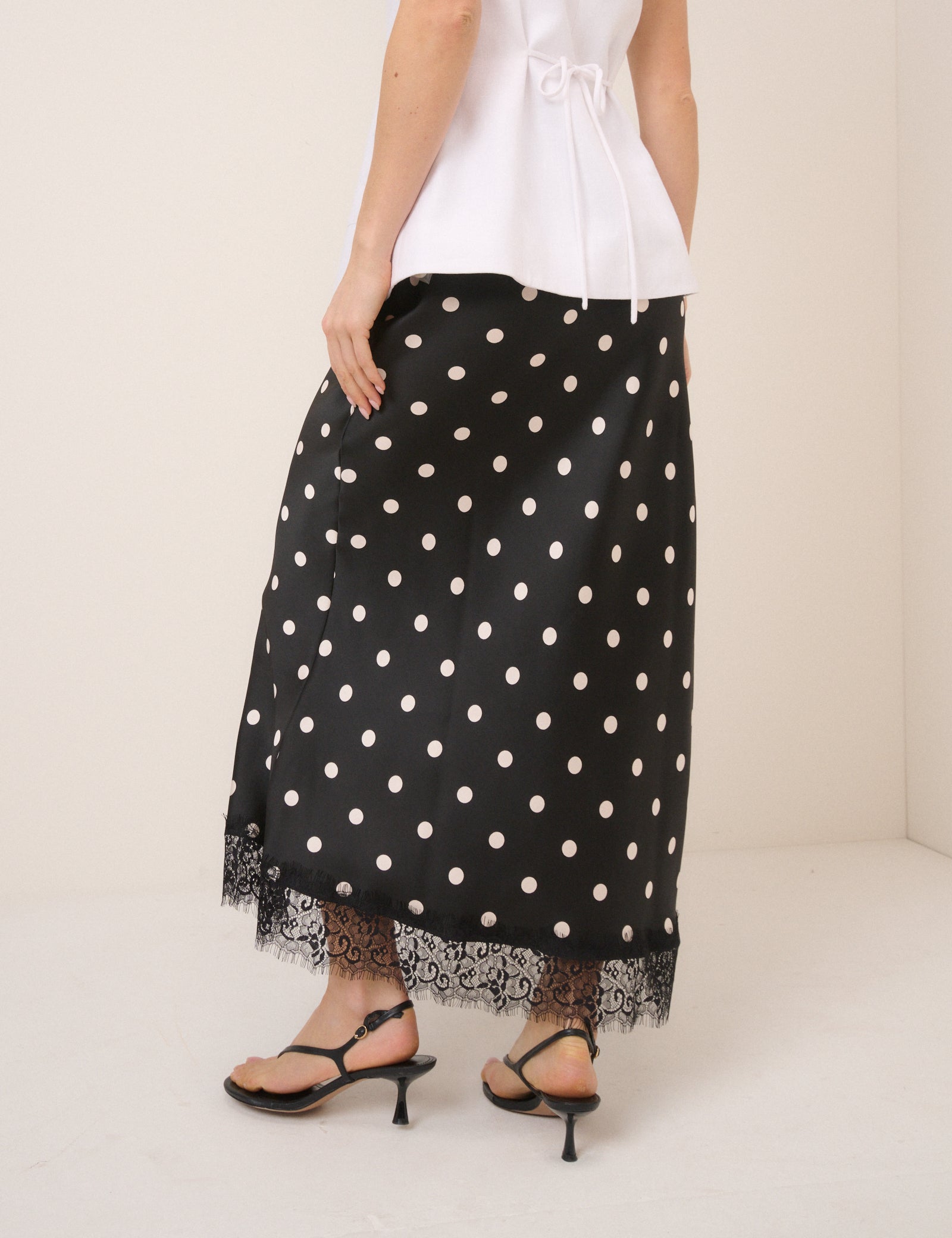 Black Polka Dot Lace Trim Mila Midi Skirt