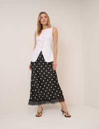 Black Polka Dot Lace Trim Mila Midi Skirt