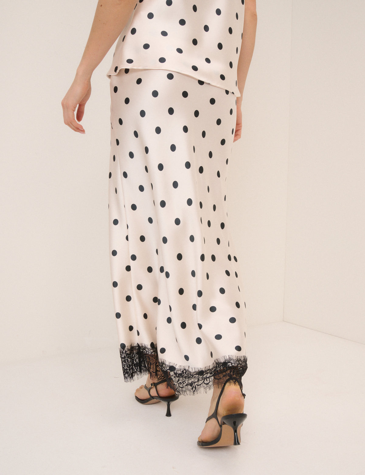 White Polka Dot Satin Mila Midi Skirt