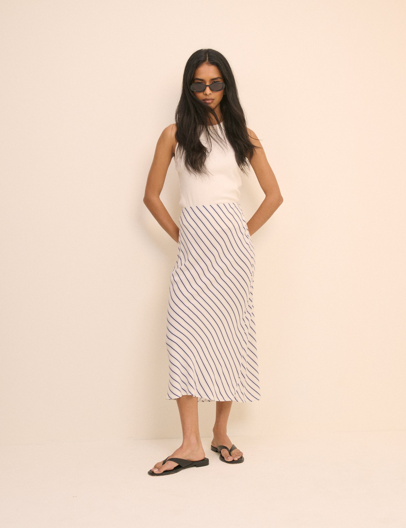 White and Blue Stripe Mila Midi Slip Skirt