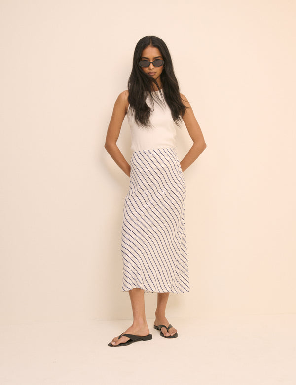 White and Blue Stripe Satin Mila Midi Slip Skirt