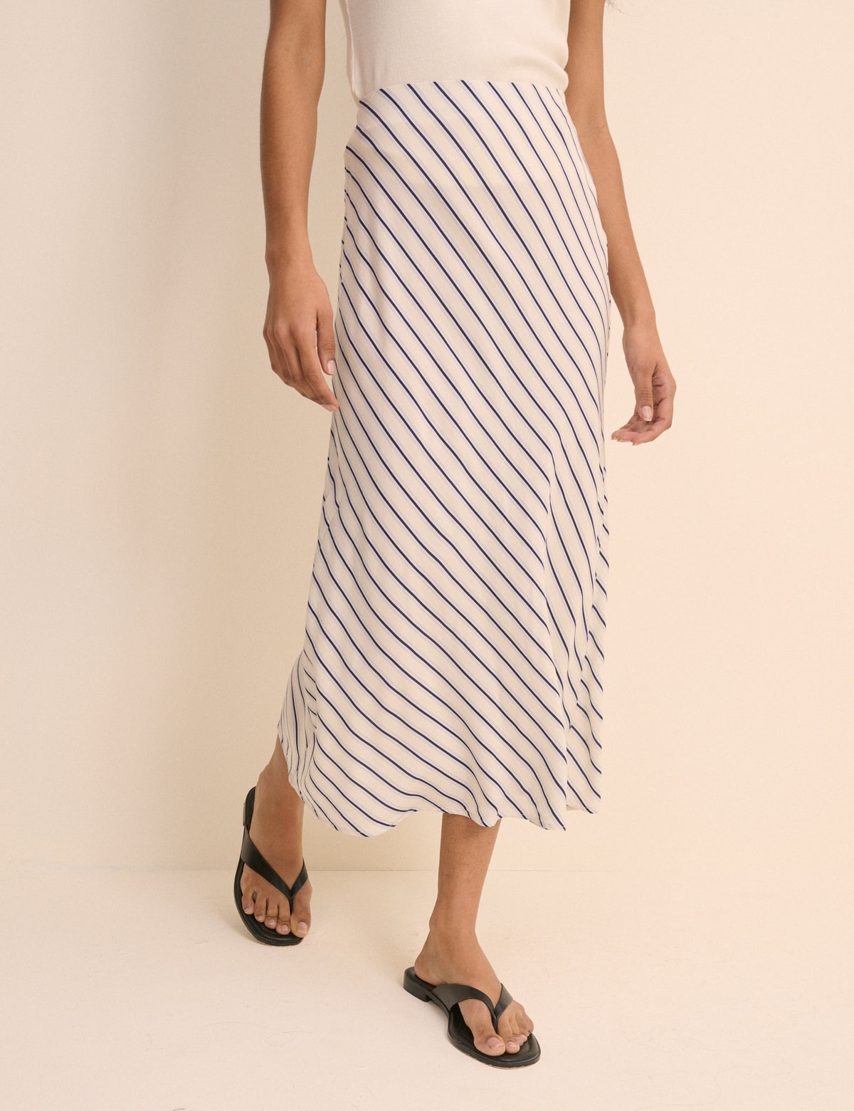 White and Blue Stripe Mila Midi Slip Skirt