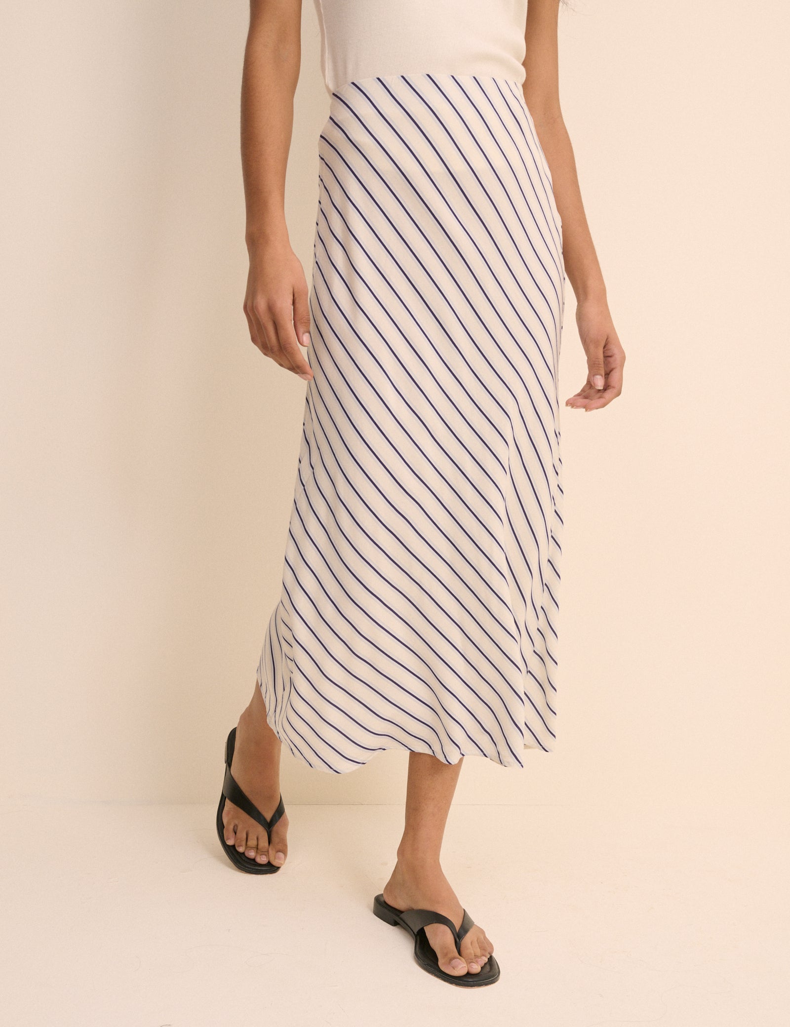 White and Blue Stripe Mila Midi Slip Skirt