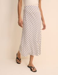 White and Blue Stripe Satin Mila Midi Slip Skirt
