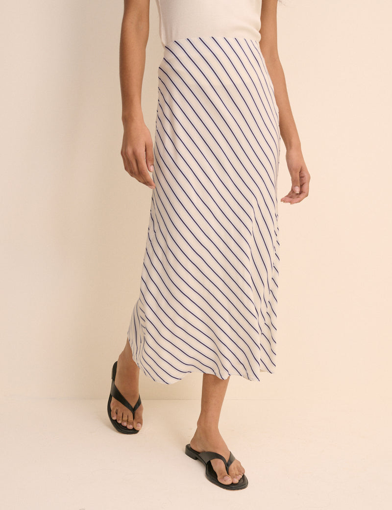 White and Blue Stripe Mila Midi Slip Skirt