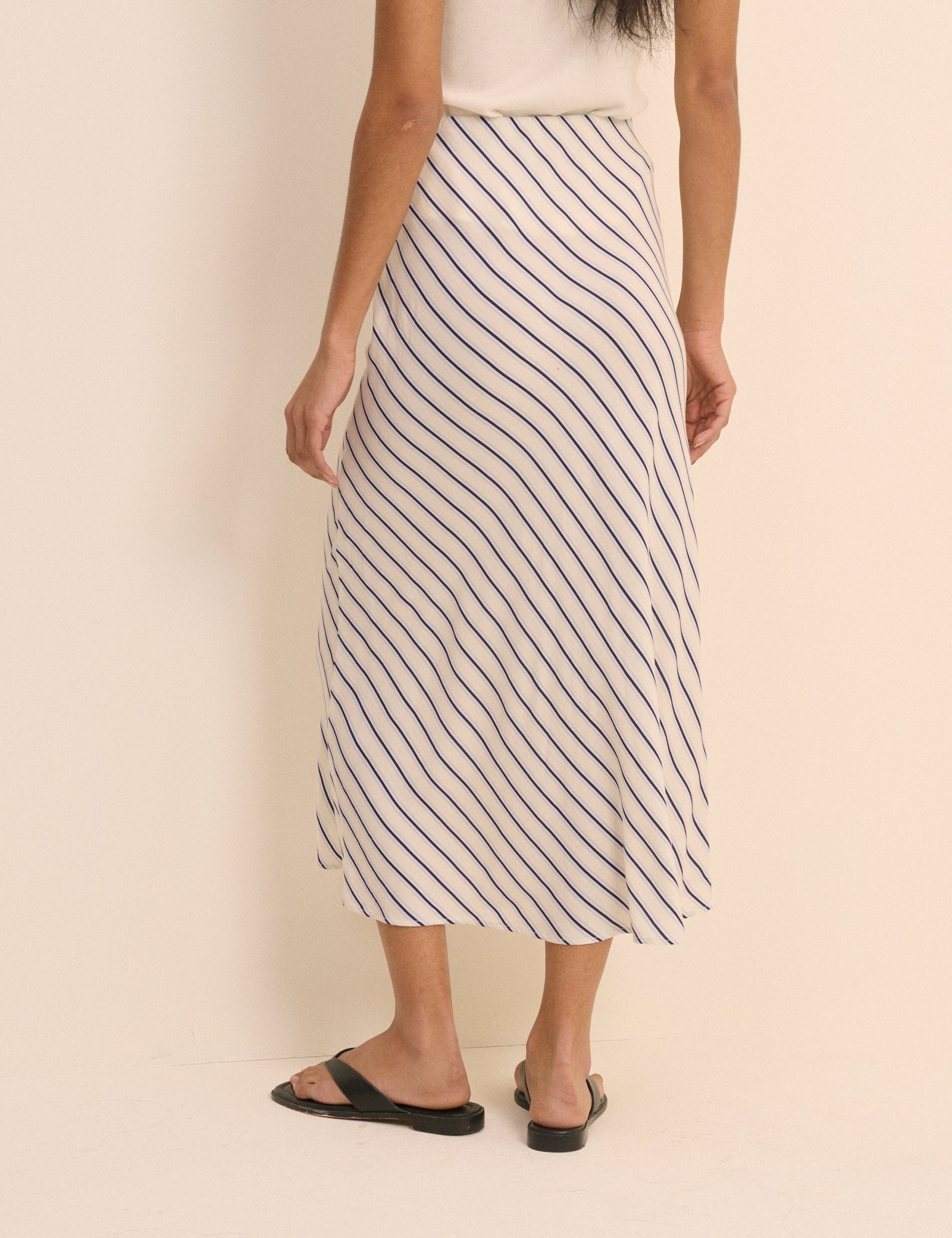 White and Blue Stripe Mila Midi Slip Skirt