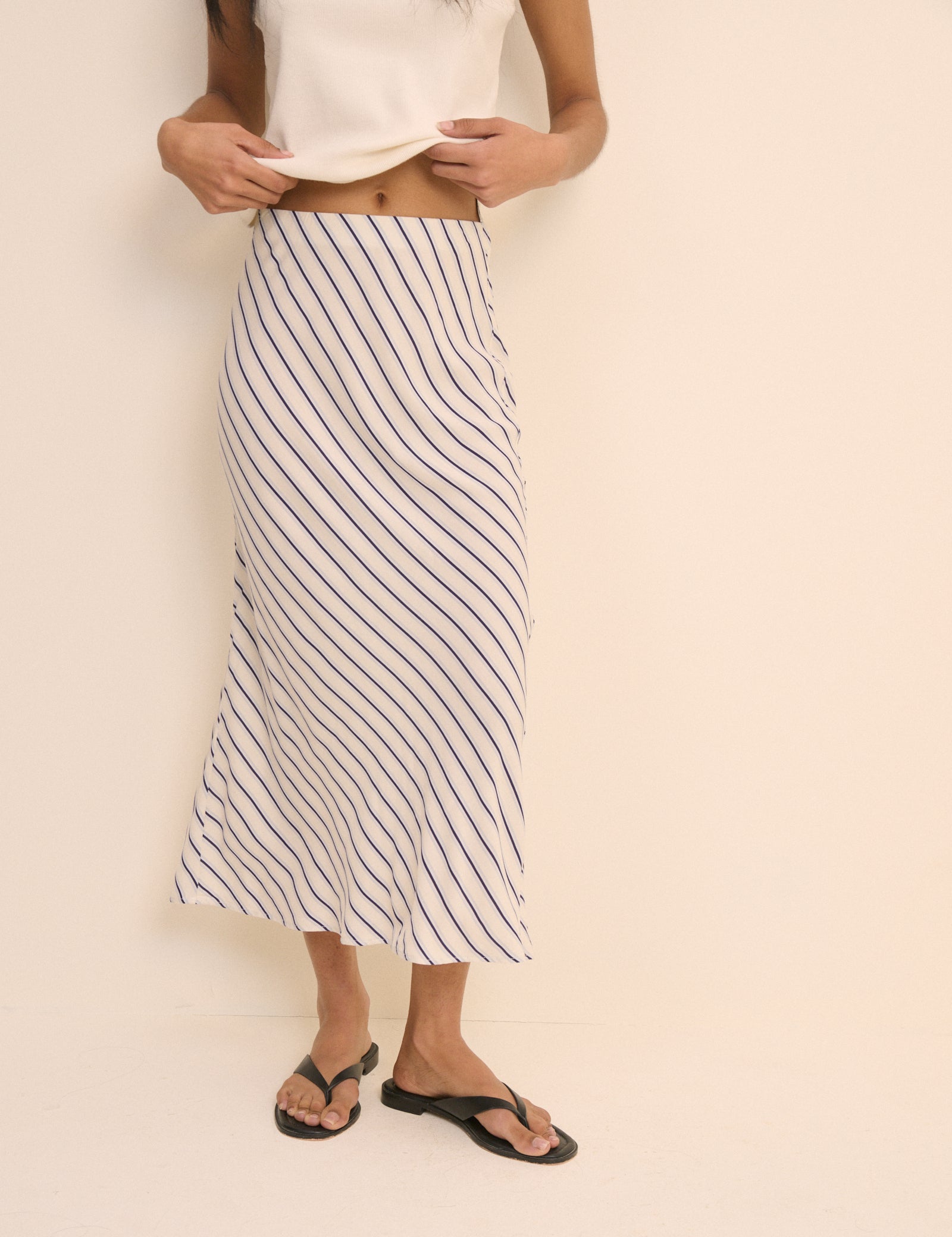 White and Blue Stripe Mila Midi Slip Skirt