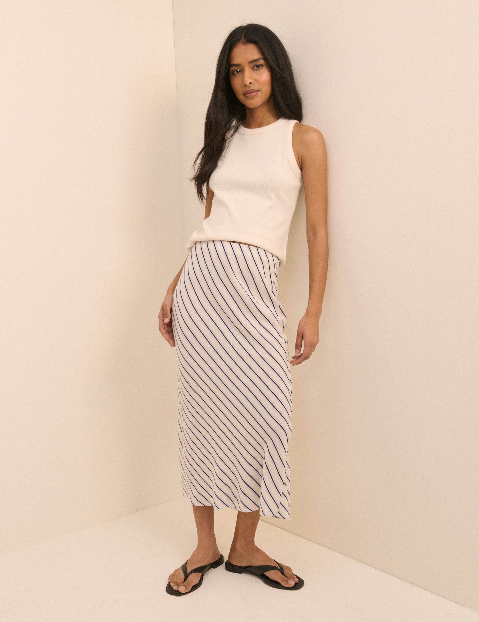 White and Blue Stripe Mila Midi Slip Skirt