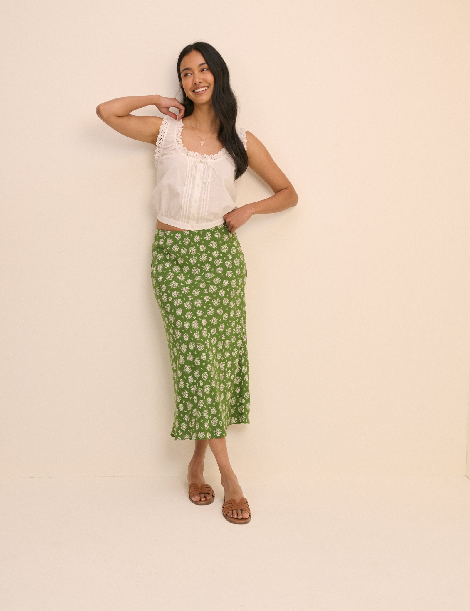 Green Floral Mila Midi Slip Skirt