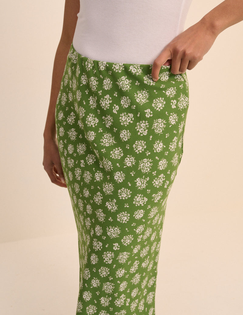 Green Floral Mila Midi Slip Skirt